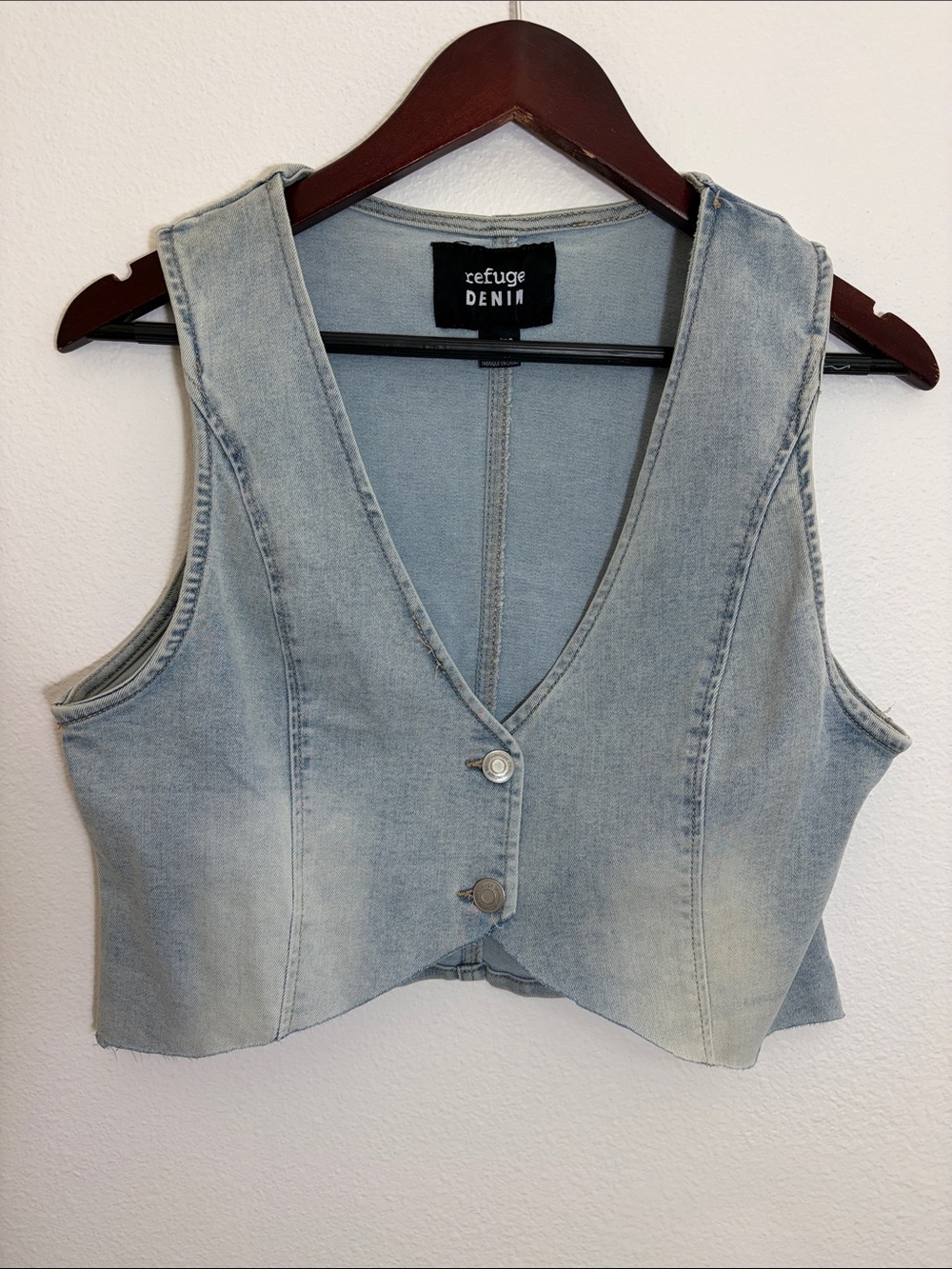 Refuge Denim Light Wash Blue Denim Vest Cut Cropped Vest